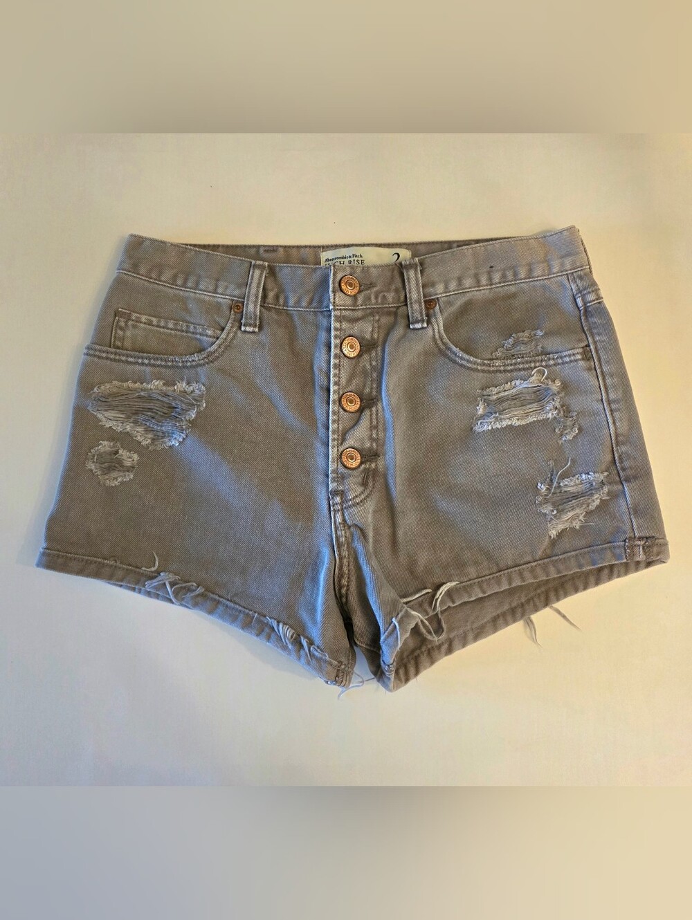 Abercrombie And Fitch High-rise Denim Mom Shorts 2 Taupe Factory Destroyed EUC